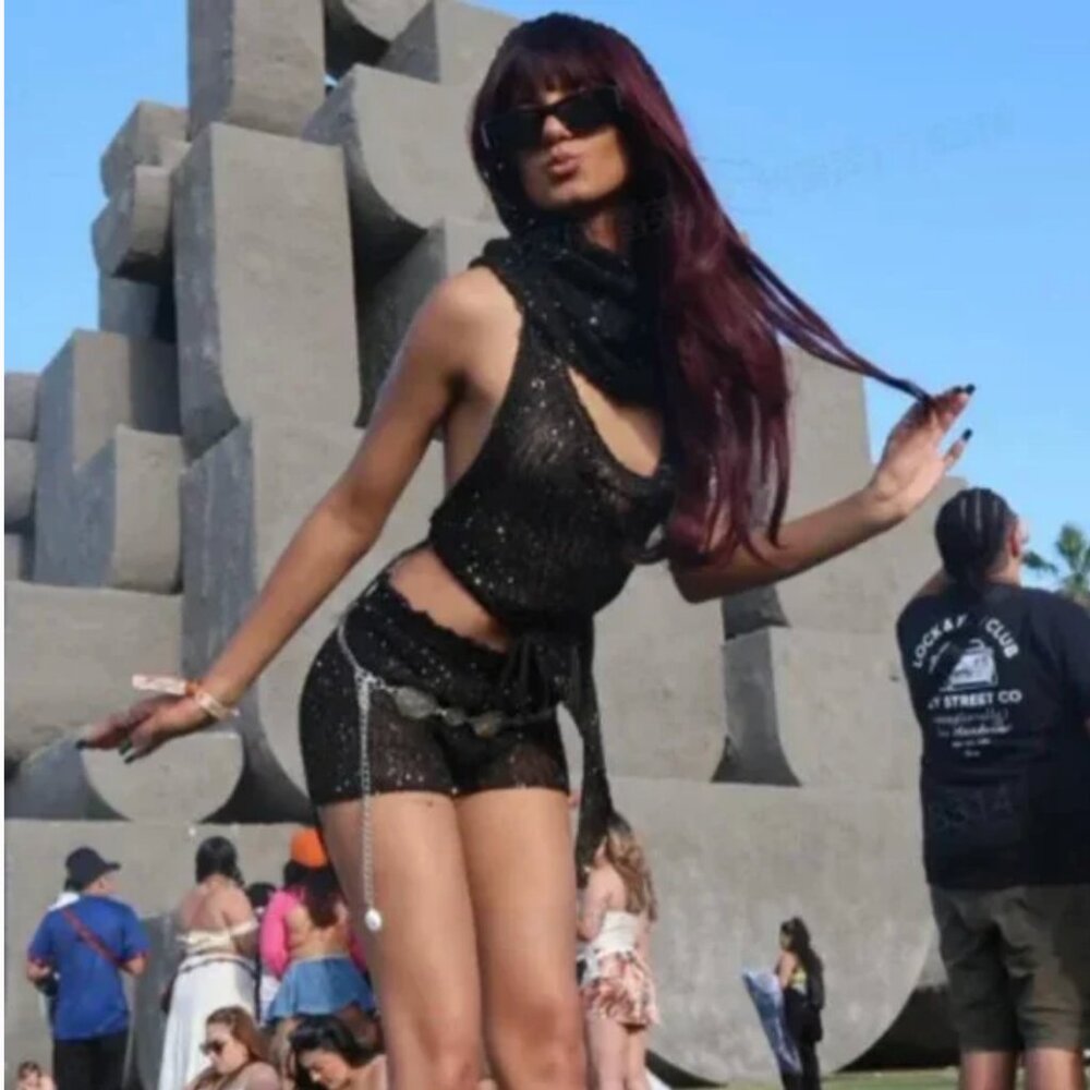 Hooded Boho Sequin Mesh Asymmetrical Matching Set Shorts Festival EDM Rave EDC